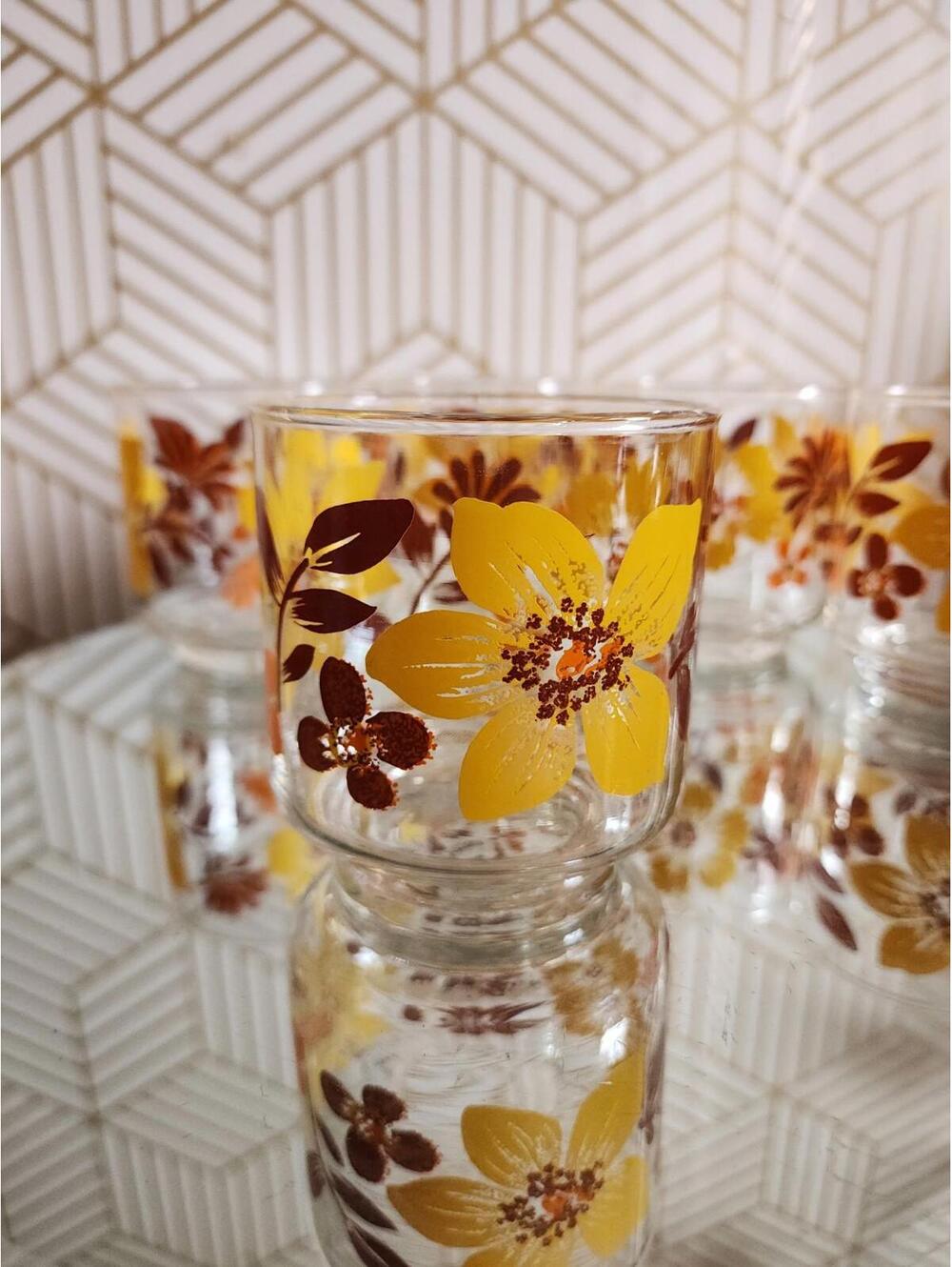 Vintage Libbey Orange Floral Retro Juice Glasses Set Of 5